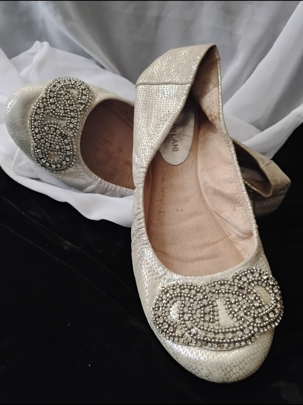 ANTONIO MELANI Silver Beaded Ballet Crystals Flats